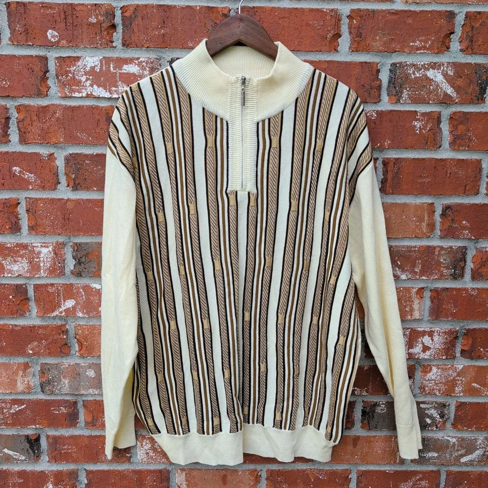 Saybury Quarter Zip Sweater Mens XL Cream Brown Striped Mock Neck Retro Knit